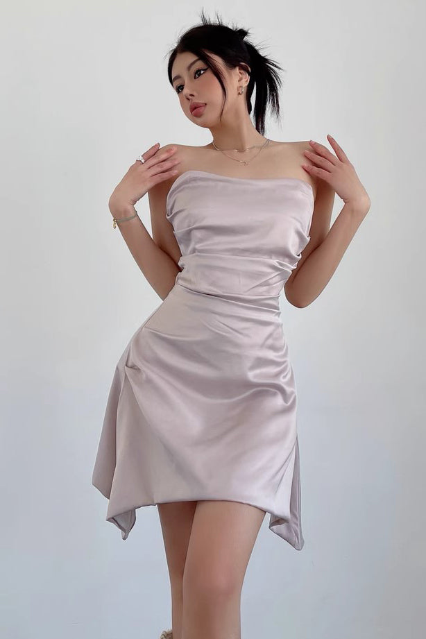 Satin Pleated Waistband Strapless Mini Dress