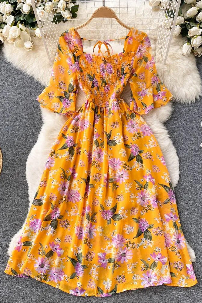 Dress Romantic Floral Print Chiffon Dress Vacation Party Dress