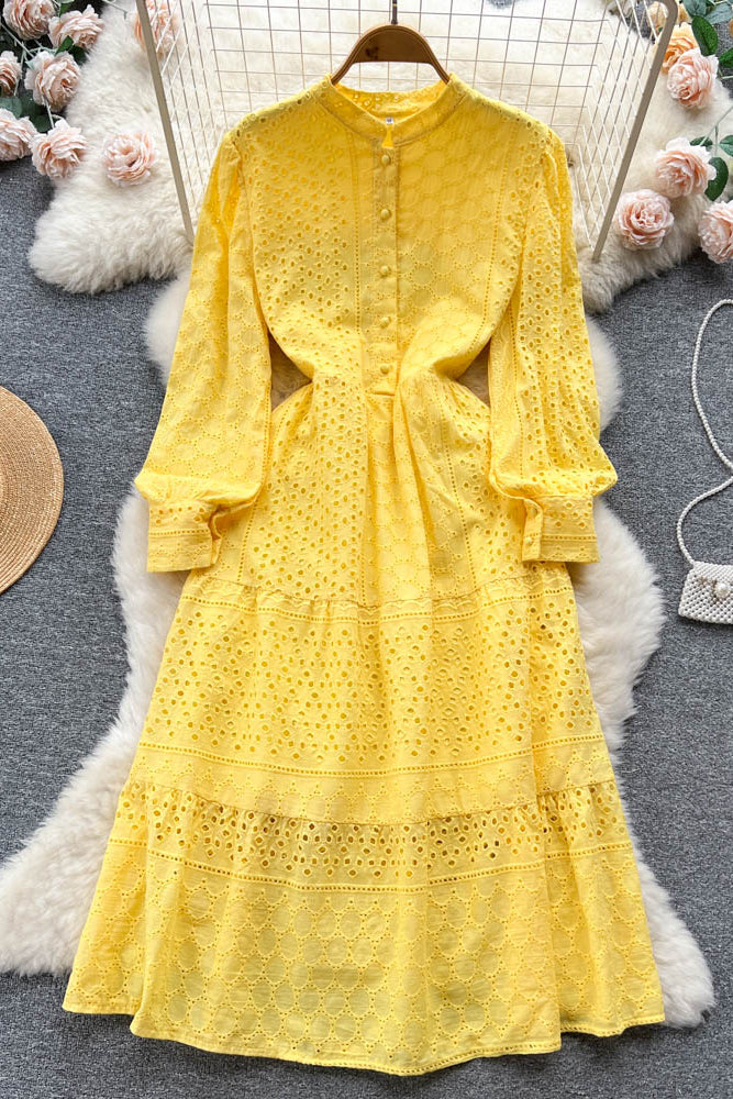 Embroidery Dress Lantern Sleeve Slim Hollow Out Ladies A Line Long Dress