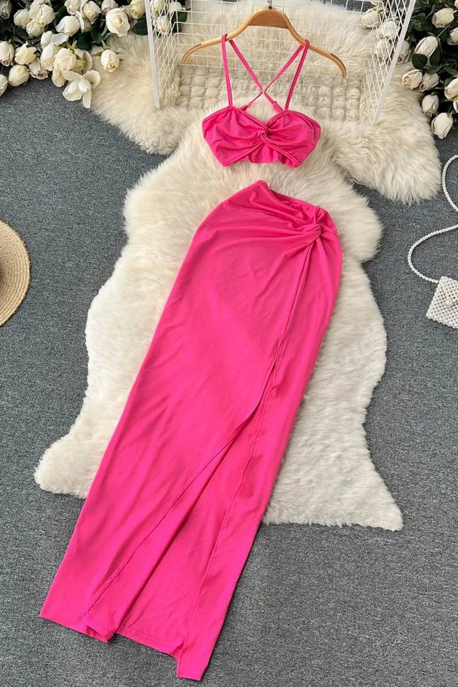Beach Cami Tops + High Split Long Skirts Two Piece Suits