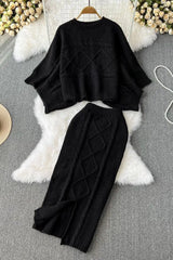Dress Suits Batwing Sleeve Sweater Tops + High Waist Split Skirts Suits