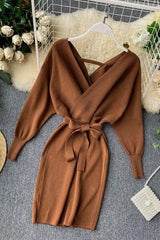Knitted Sweater Dress V Neck Elegant Dress Ladies Bandage Dress