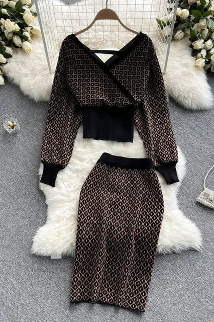 Comfy Dress Elegant Two Piece Set Knitted Tops And Pencil Skirts