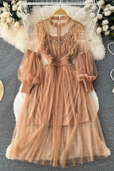 Romantic Lace Beading Party Dress Elegant Lantern Sleeve Gothic Long Dress Two Piece Set