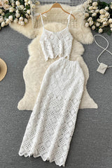 Lace Two Piece Sets Vacation Hook Hollow Out Strap Camsiole Elastic Waist Long Skirt