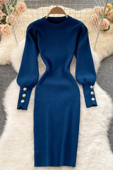 Elegant Buttons Puff Sleeve Dress O-Neck Knit Dress