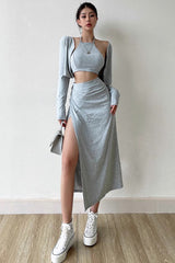 Open Umbilical Back Hanging Neck Tank Top Split Half Skirt Sunscreen Long Sleeve Cardigan Three Piece Set