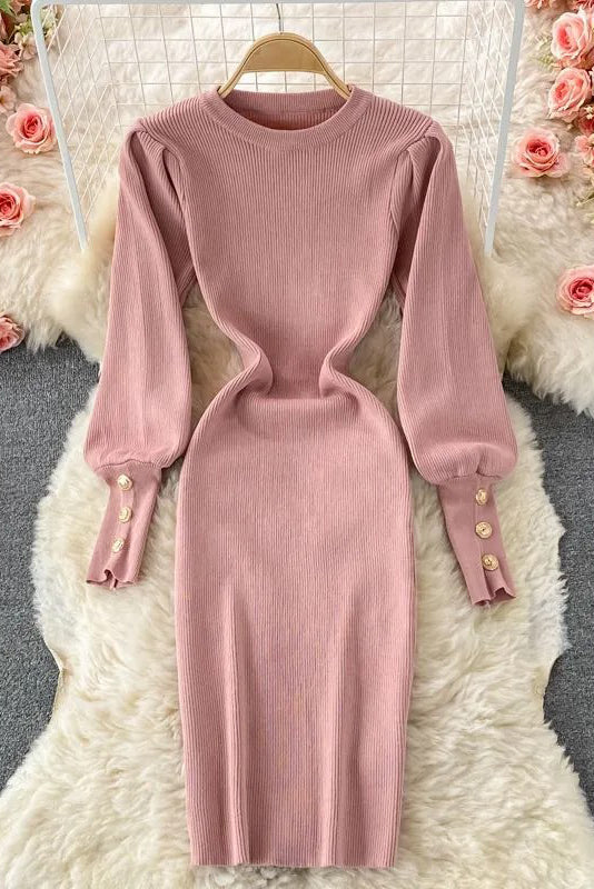 Dress Elegant Puff Sleeve Slim Elastic Knitted Sweater Dress