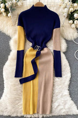 Dress Elegant Color Patchwork Knitted Sweater Dress With Belt