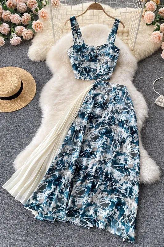 Floral Print Pleated Long Skirts + Straps Short Tops Vacation Two Piece Suits