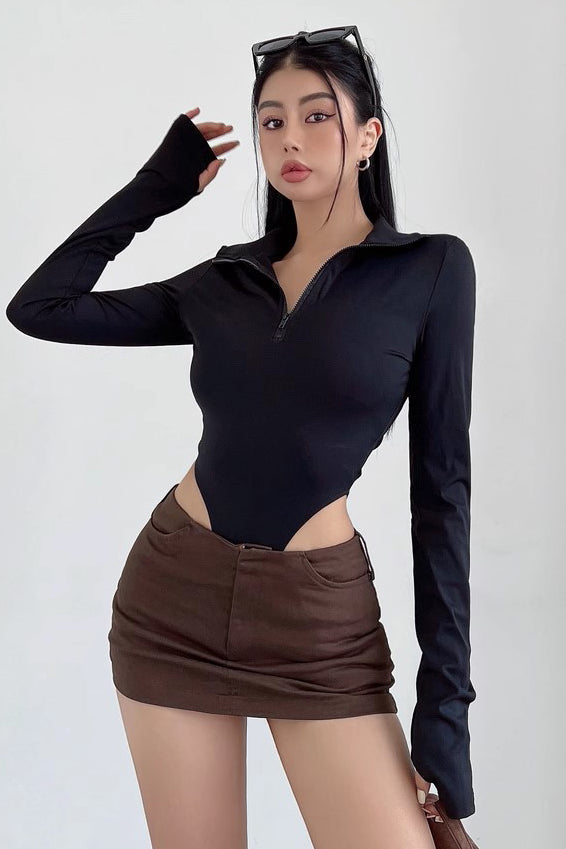Tight Half Zippered Lapel Bodysuit