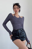 Cross Wrapped Chest Long Sleeve T-Shirt Hanging Neck Fake Two Piece Top