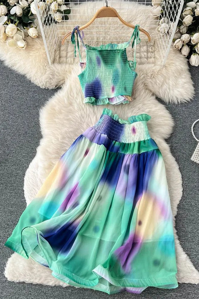 Tie Dye Print Short Strap Cami Tops + High Waist Skirts Beach Two Piece Suits