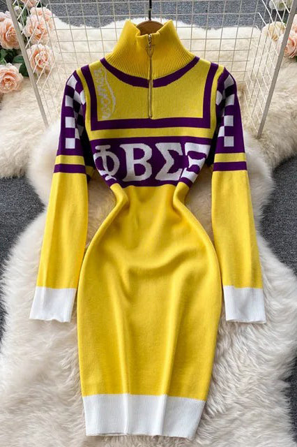 Sweater Dress Letters Print Stretchy Knitted Dress Zipper Fly Bodycon Dress