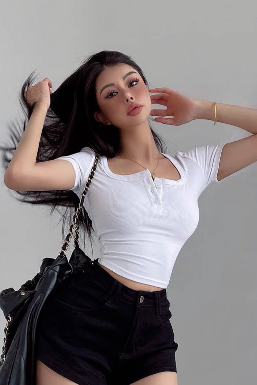 High Waist Button-Neck Short Sleeve T-Shirt Top