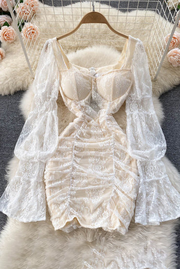 Elegant Dresses Lace Patchwork Lantern Long Sleeve Square Collar Femme Vestido See Through Dress
