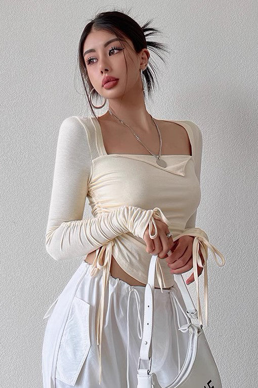 Drawstring Pleated Long Sleeved Top