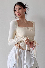Drawstring Pleated Long Sleeved Top