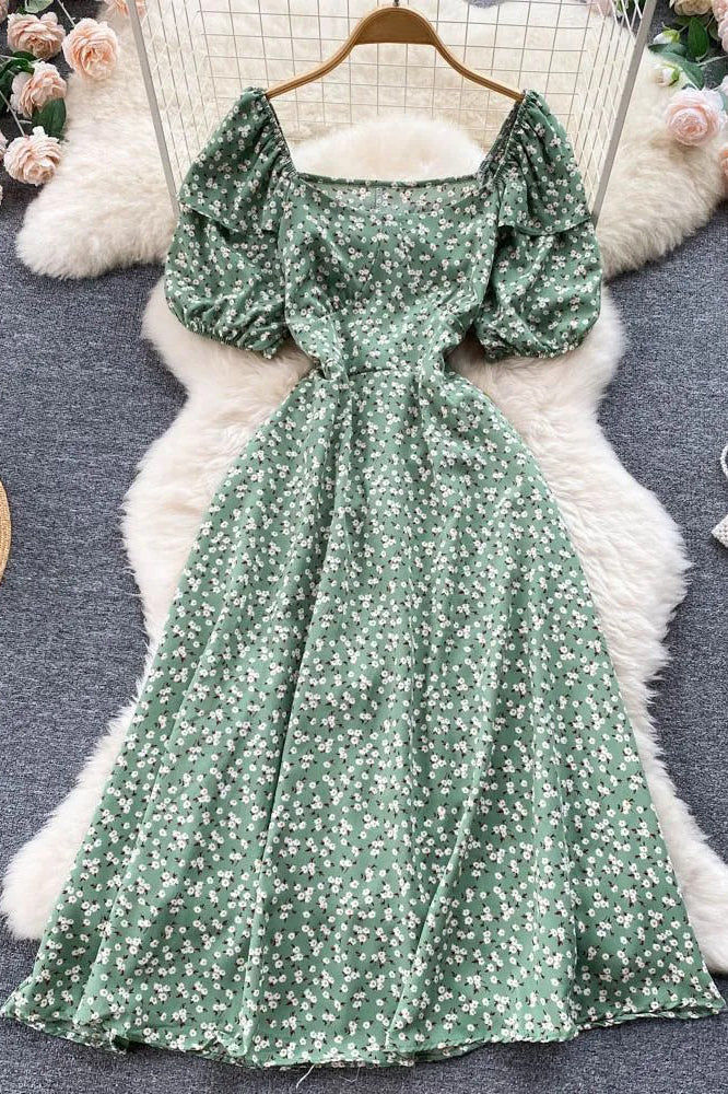 Dress Ruffled Puff Sleeve Slim Lace Up Floral Print Long Dress