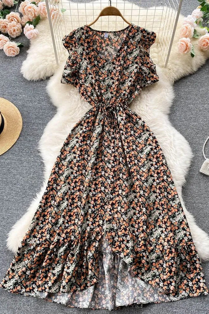 Floral Print Dress Casual Ruffled Elastic Waist Asymmetrical Long Dress