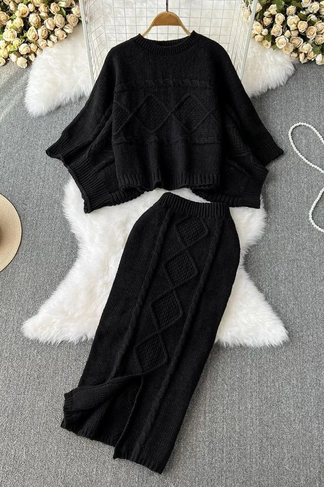 Dress Suits Batwing Sleeve Sweater Tops + High Waist Split Skirts Suits