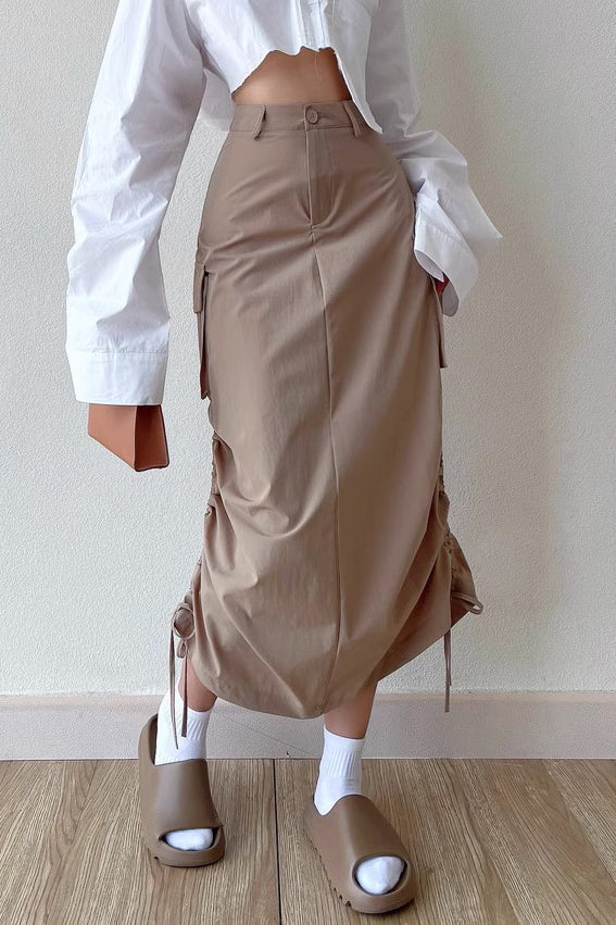 High Waisted Split Drawstring Hem Half Length Skirt