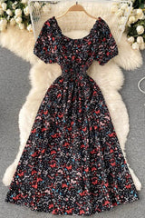 Dress V-Neck Puff Sleeve Floral Print Elastic Corset Dress