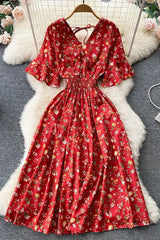 Floral Print Romantic Dress Slim Elastic Waist Long Dress