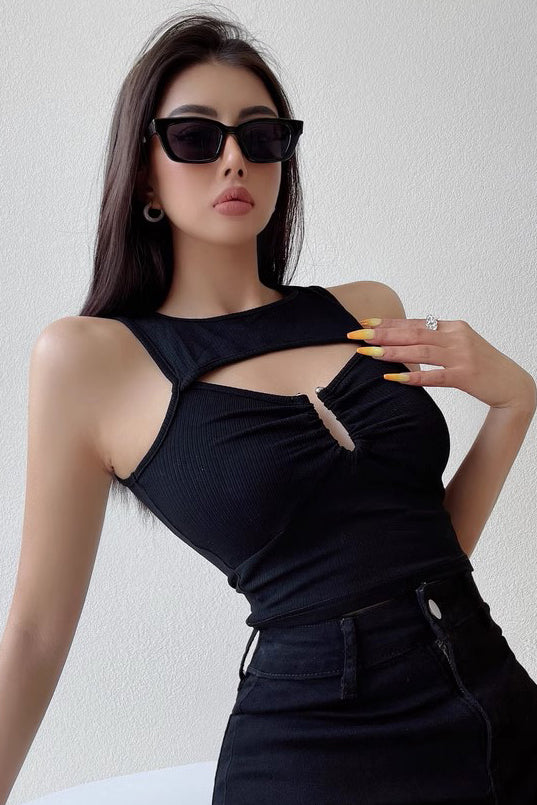 Hollow Out Tank Top Off Shoulder Short Solid Color Tight Top
