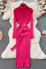 Dress Elegant Turtleneck Knitted Sweater Dress with Belt Lady Wrap Hips Bodycon