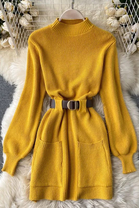 Sash Bandage Dress Elegant Puff Sleeve Knitted Short Dress