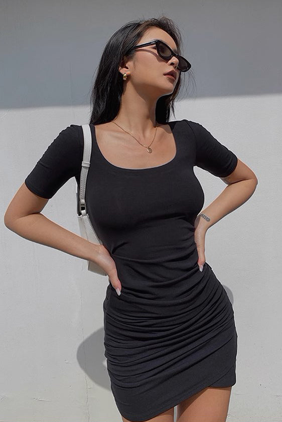 Low Cut Pleated and Asymmetrical Hem Round Neck Short Sleeved Hip Wrap Dress