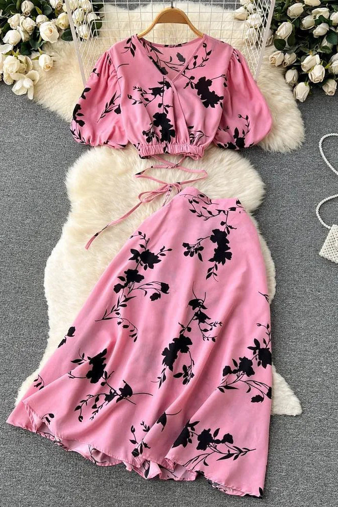 Floral Print Bandage Crop Tops + A-line Knee-length Skirts Two Piece Suits