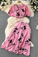 Floral Print Bandage Crop Tops + A-line Knee-length Skirts Two Piece Suits