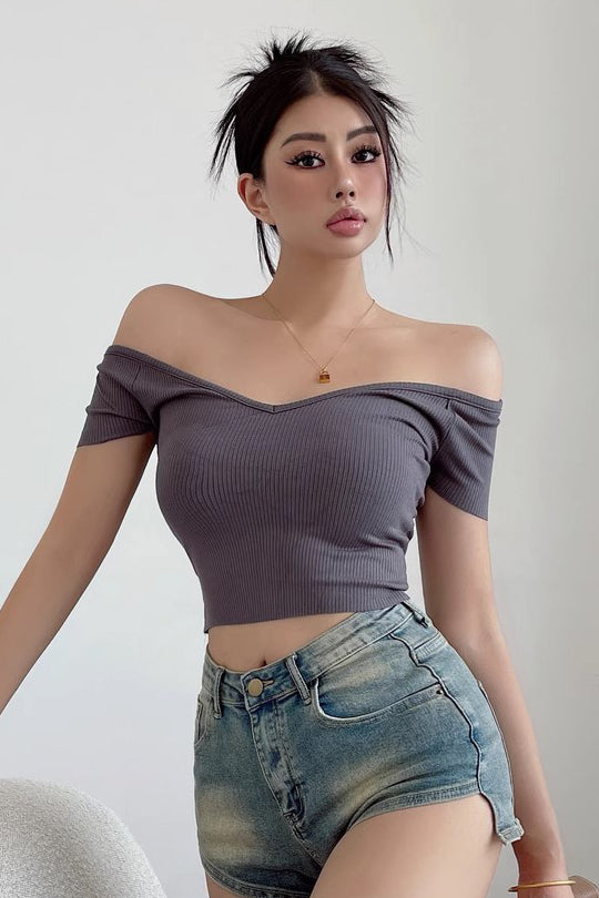 Off Shoulder Elastic T-Shirt Large V-Neck Top