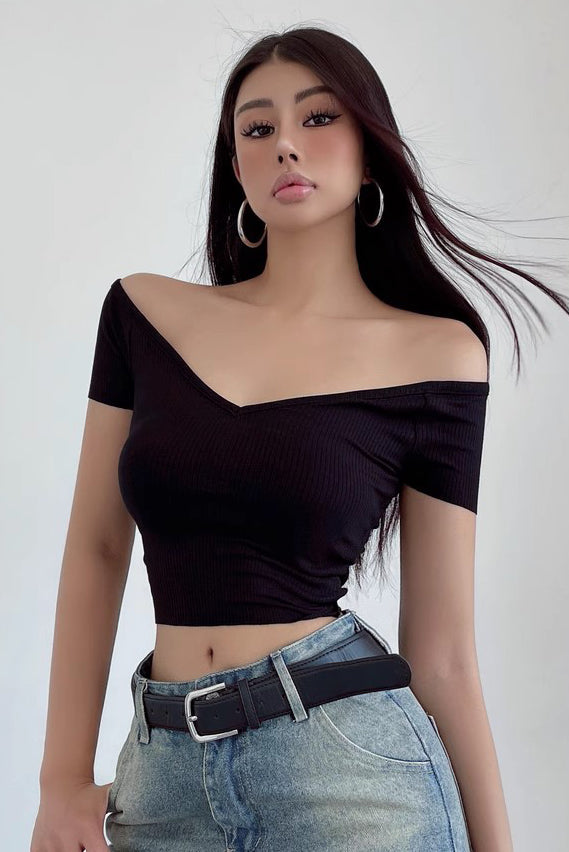 Off Shoulder Stretch T-Shirt Large V-Neck Top