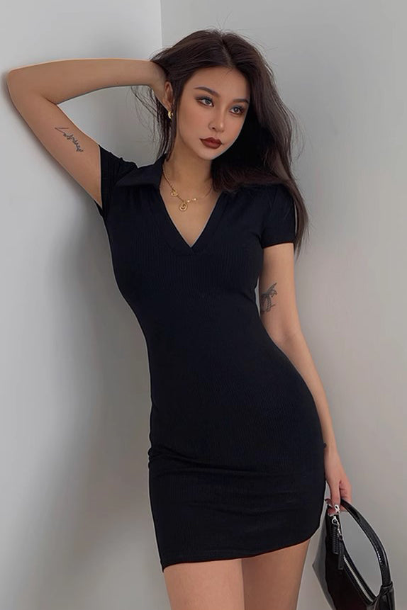 S-Shaped High Elastic Deep V-Lapel Short Sleeved Dress
