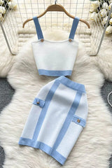 Knitting Two Piece Sets Dress Straps Crop Tops + High Waist Wrap Hips Mini Skirts
