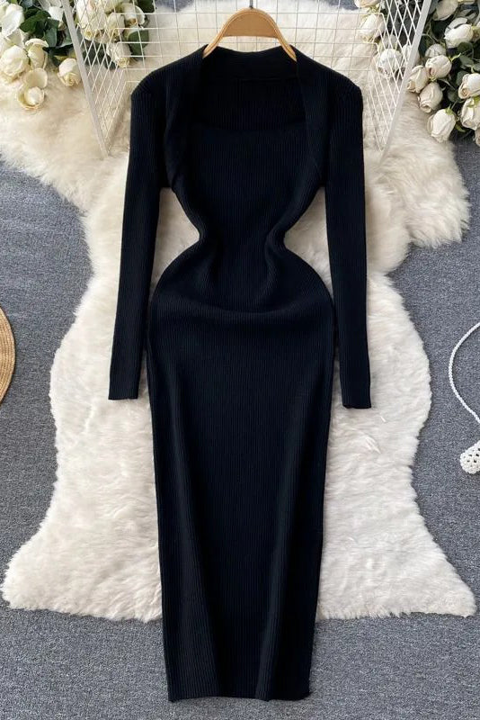 Elegant Dress Square Collar Knitted Bodycon Long Dress