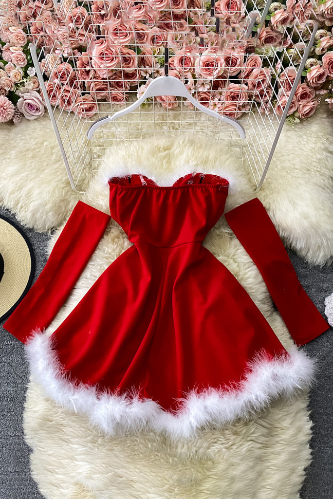 Furry Stitching Nightclub Off-Shoulder Backless Dress With Sleeves