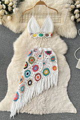 Two Piece Knitted Hook Hollow Out Camisole Floral Irregular Tassel Skirt Beach Style Suits