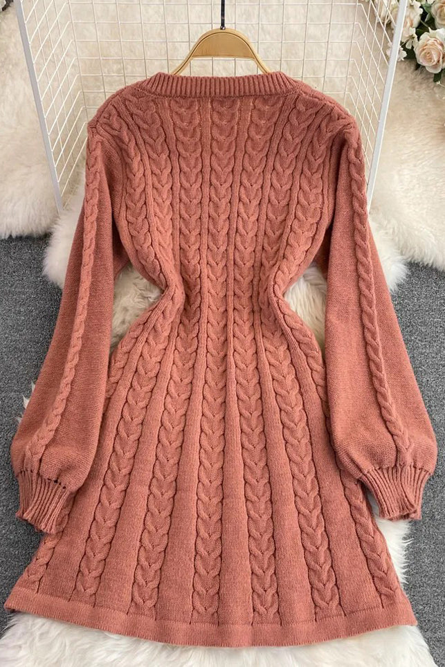 Knitted Dress Elegant Puff Sleeve A-line Short Dress