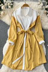 Belt Patchwork Long Sleeve Dress All Match Blouse Shirt Dress