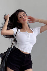 High Waist Button-Neck Short Sleeve T-Shirt Top