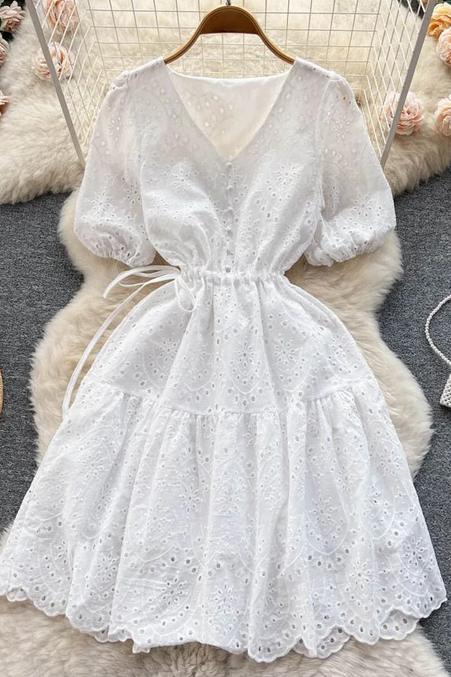 Dress Romantic Hollow Out Puff Sleeve Dress Elegant Buttons V-neck Lady Dress