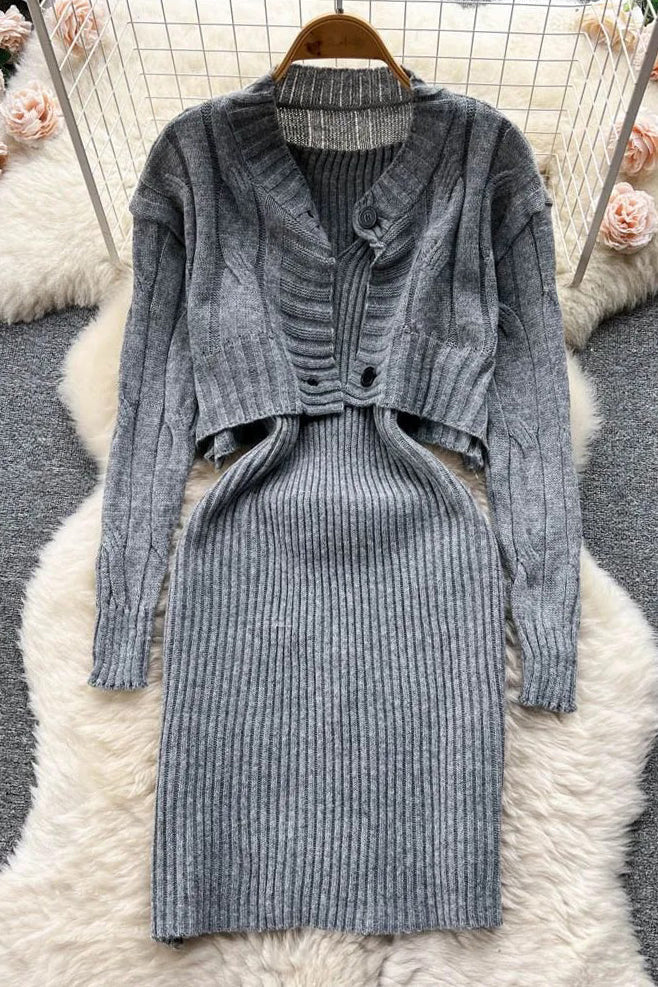 Knitted Straps Bodycon Mini Dress and Full Sleeve Short Cardigans Sweaters