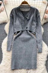 Knitted Straps Bodycon Mini Dress and Full Sleeve Short Cardigans Sweaters