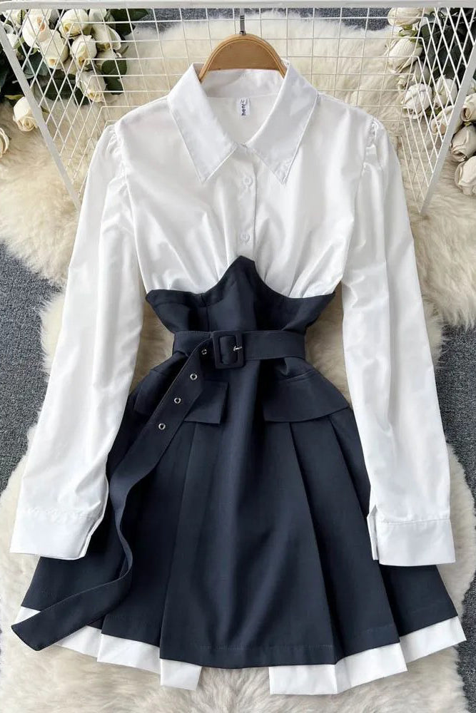 Dress Gothic Fake Two Piece Suits Elegant Slim Waist Bandage Mini Dress