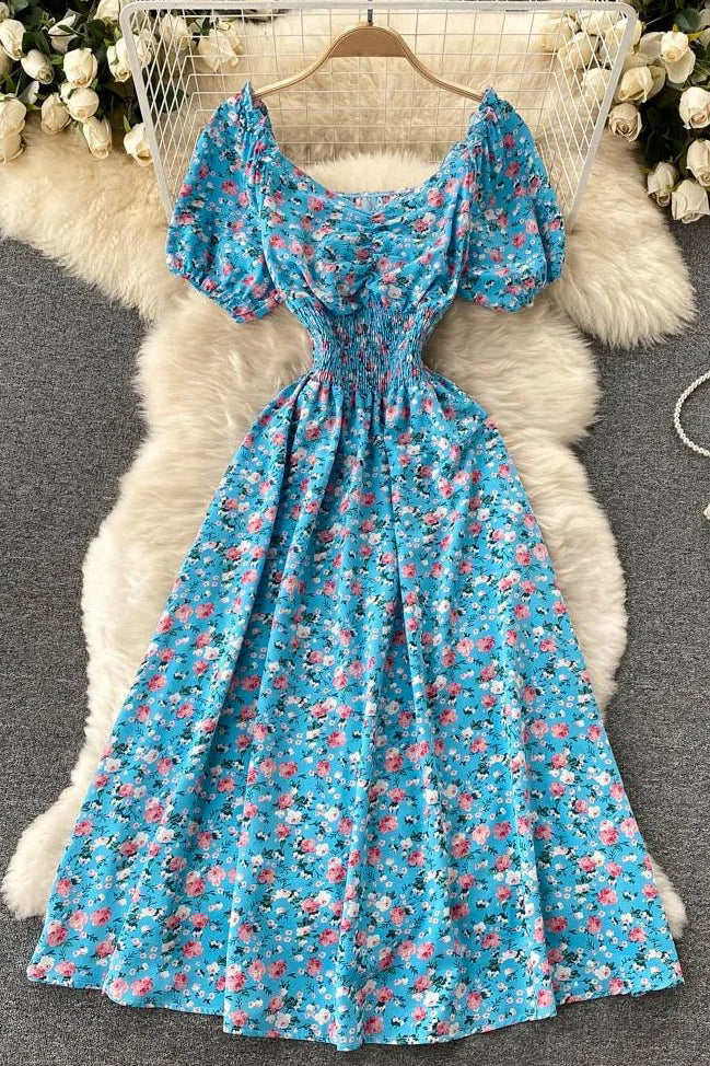 Dress V-Neck Puff Sleeve Floral Print Elastic Corset Dress