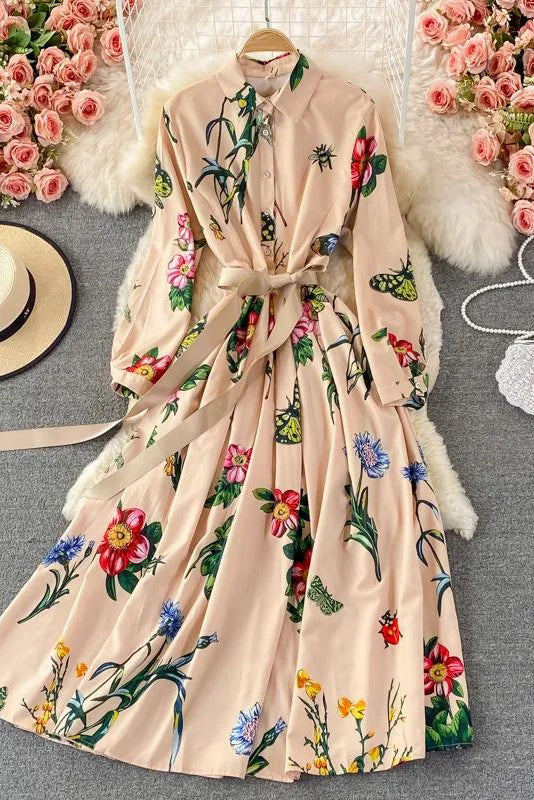 Dress Casual All Match Long Sleeve Sash Bandage Shirt Dress